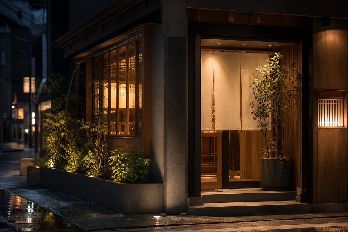 Abstrakcyjny lokalny kadr restauracji sushi przy ulicy