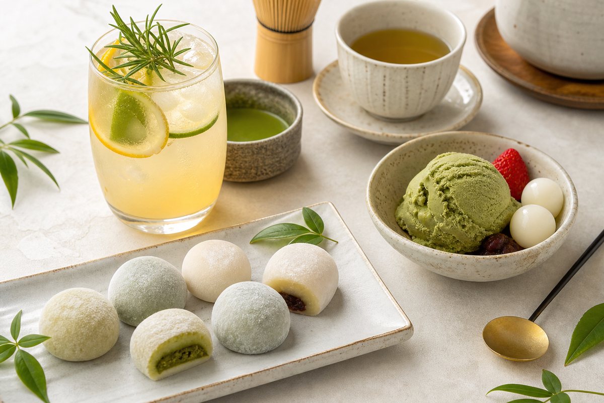 Deser mochi, herbata i napoje podane w japońskiej estetyce