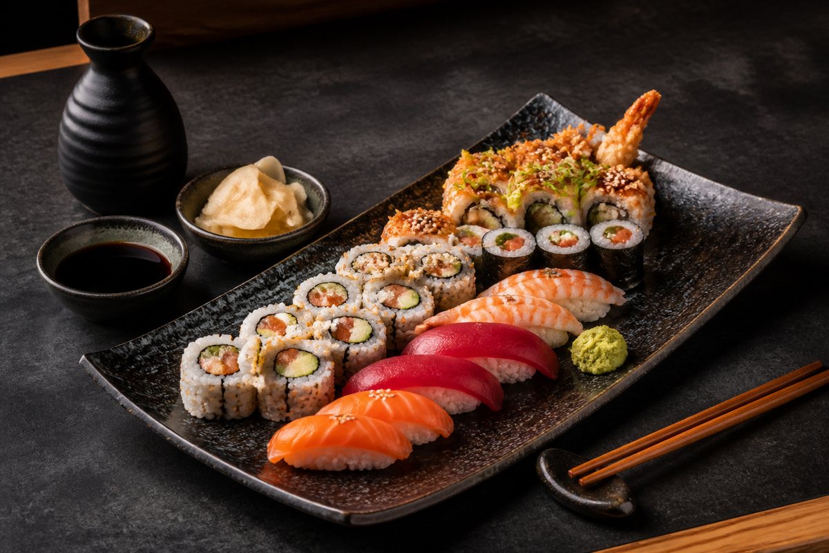 Kolorowy zestaw sushi podany na ciemnym talerzu