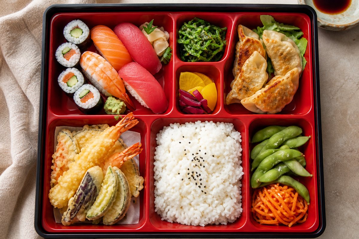 Bento lunch box z kilkoma przegródkami i japońskimi dodatkami