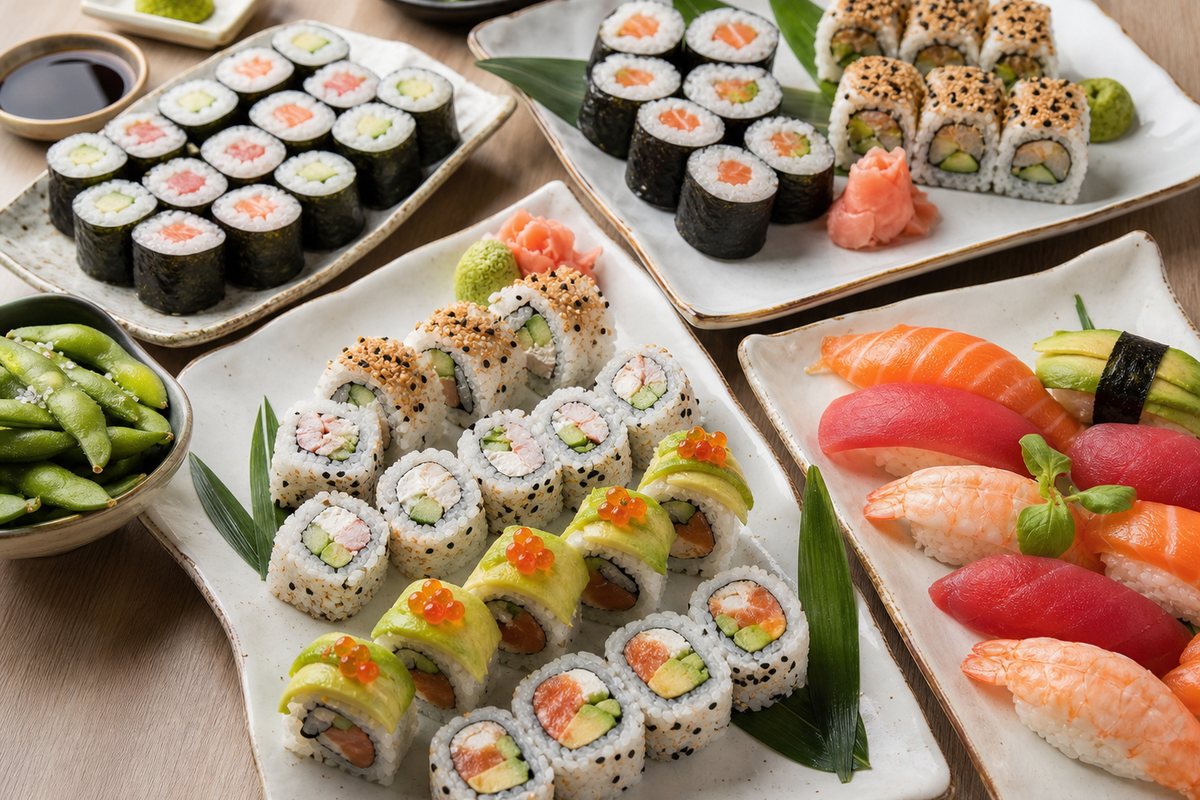 Różne rolki sushi ułożone w estetyczny zestaw