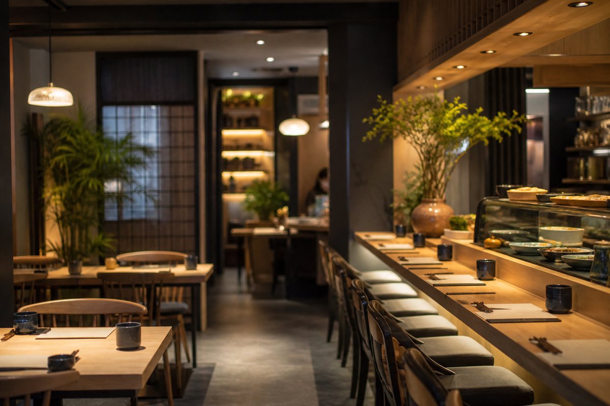 Przytulne wnętrze małej restauracji sushi bez widocznych twarzy