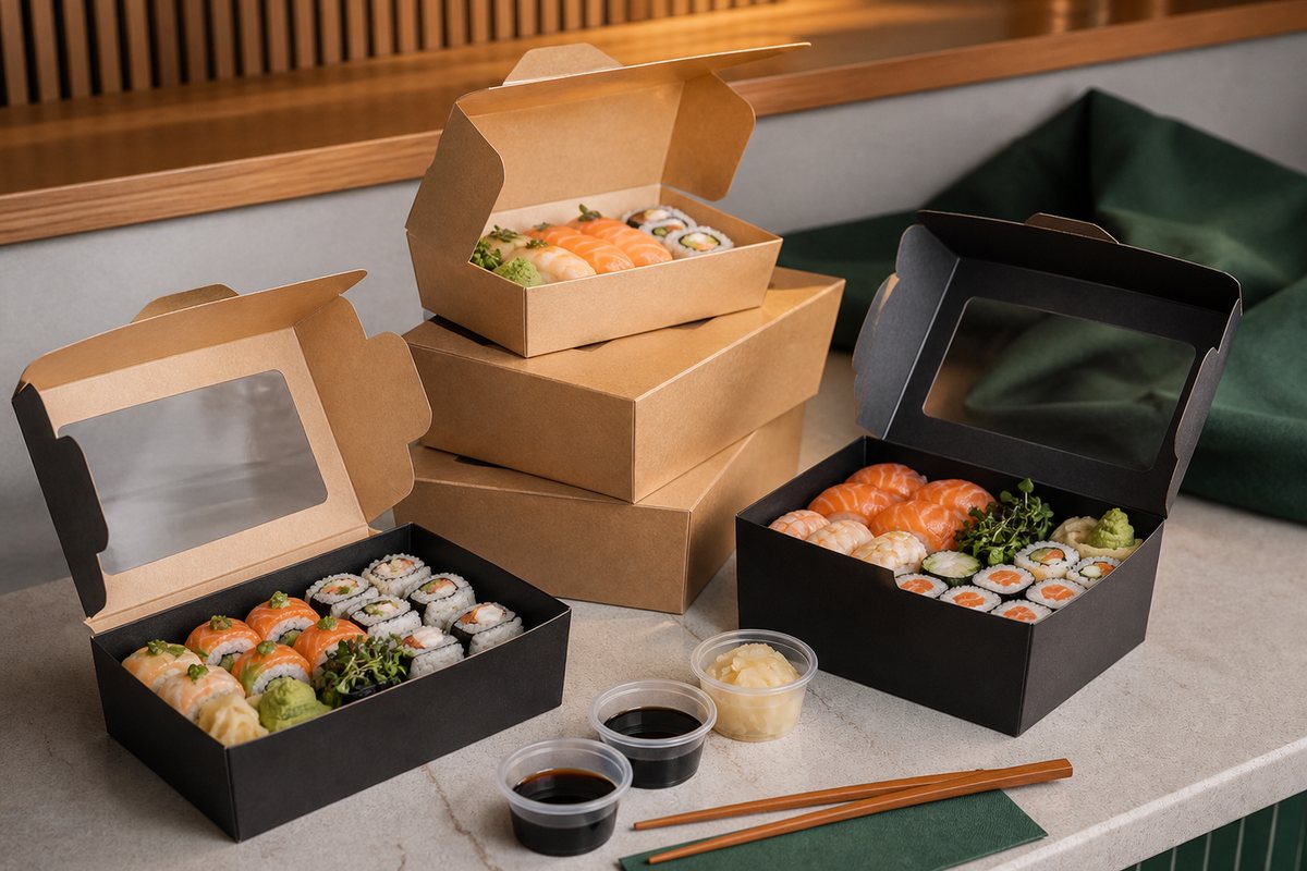 Sushi zapakowane na wynos w estetyczne pudełka